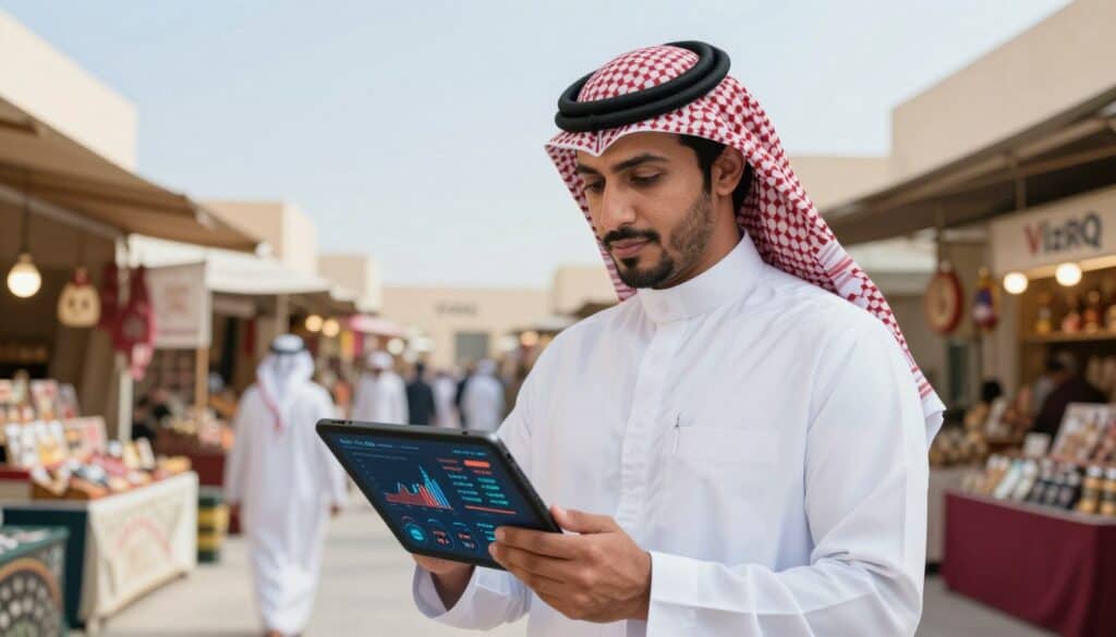 A strategic vision for pricing, capturing a confident Saudi man in a traditional white thobe, red and white shemagh, and black agal. He stands at a modern marketplace, analyzing a digital pricing strategy on a tablet. In the foreground, he interacts with visual data or graphs representing price trends. The middle ground features lively stalls with various products, emphasizing a vibrant trading atmosphere. The background showcases a bright, clear sky, symbolizing optimism and growth in commerce. Soft, natural lighting enhances the professional yet dynamic mood of the scene. The composition highlights the man’s focused expression, conveying the importance of effective pricing strategies in today’s market. The image is branded with "VizRQ" prominently displayed.